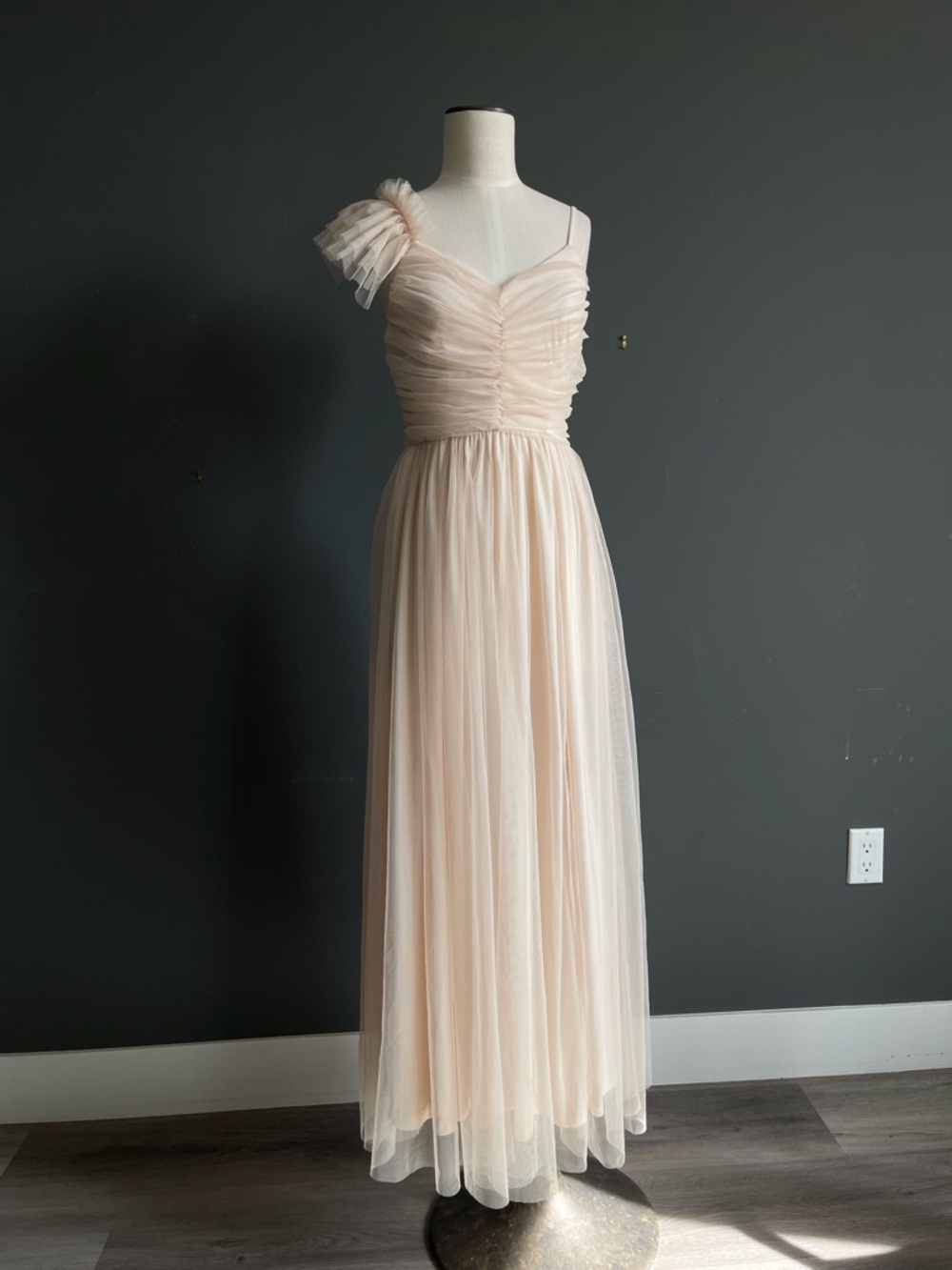 Blush Tulle Maxi Dress Ruched Bodice One Shoulder Romantic Ethereal Gown Ballet